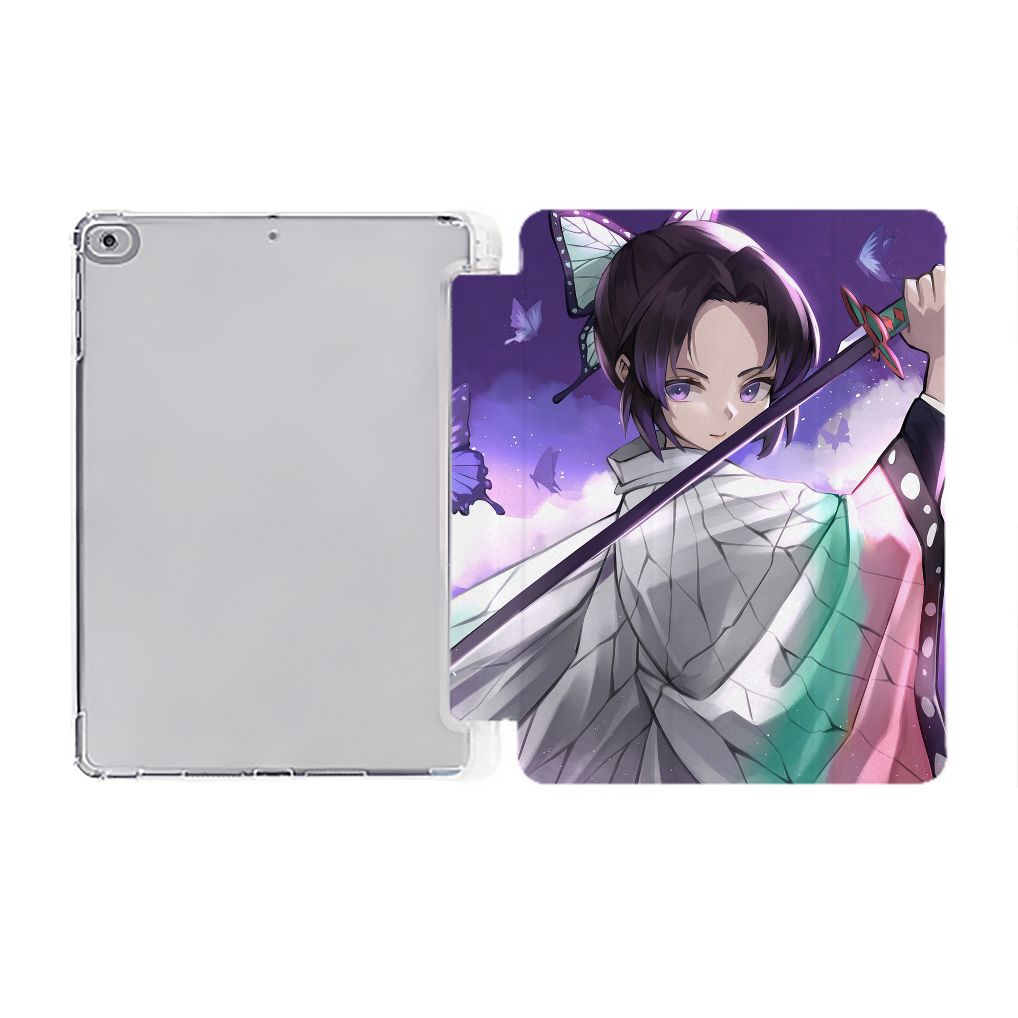 （画像用） 鬼滅の刃（きめつのやいば）蟲柱-胡蝶 しのぶ／こちょう しのぶ Kochou Shinobu IPad ケース ペン収納付き 三つ折りスタンド PUレザー×シリコン 対応機種9.5/10.5/10.9インチ